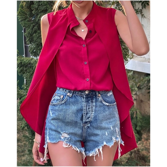 Boho Red Button up Layered Sleeveless Top Work Office - Picture 2 of 8